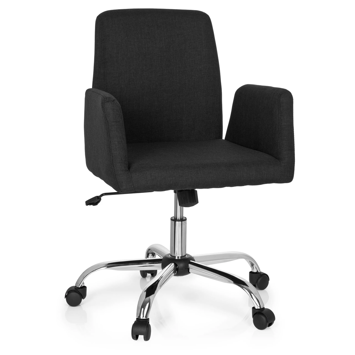 Svart Home Office kontorsstol FLOW med armstöd och blankt femstjärnigt underrede med hjul från hjh OFFICE – 360-gradersvy (framifrån 20°)
