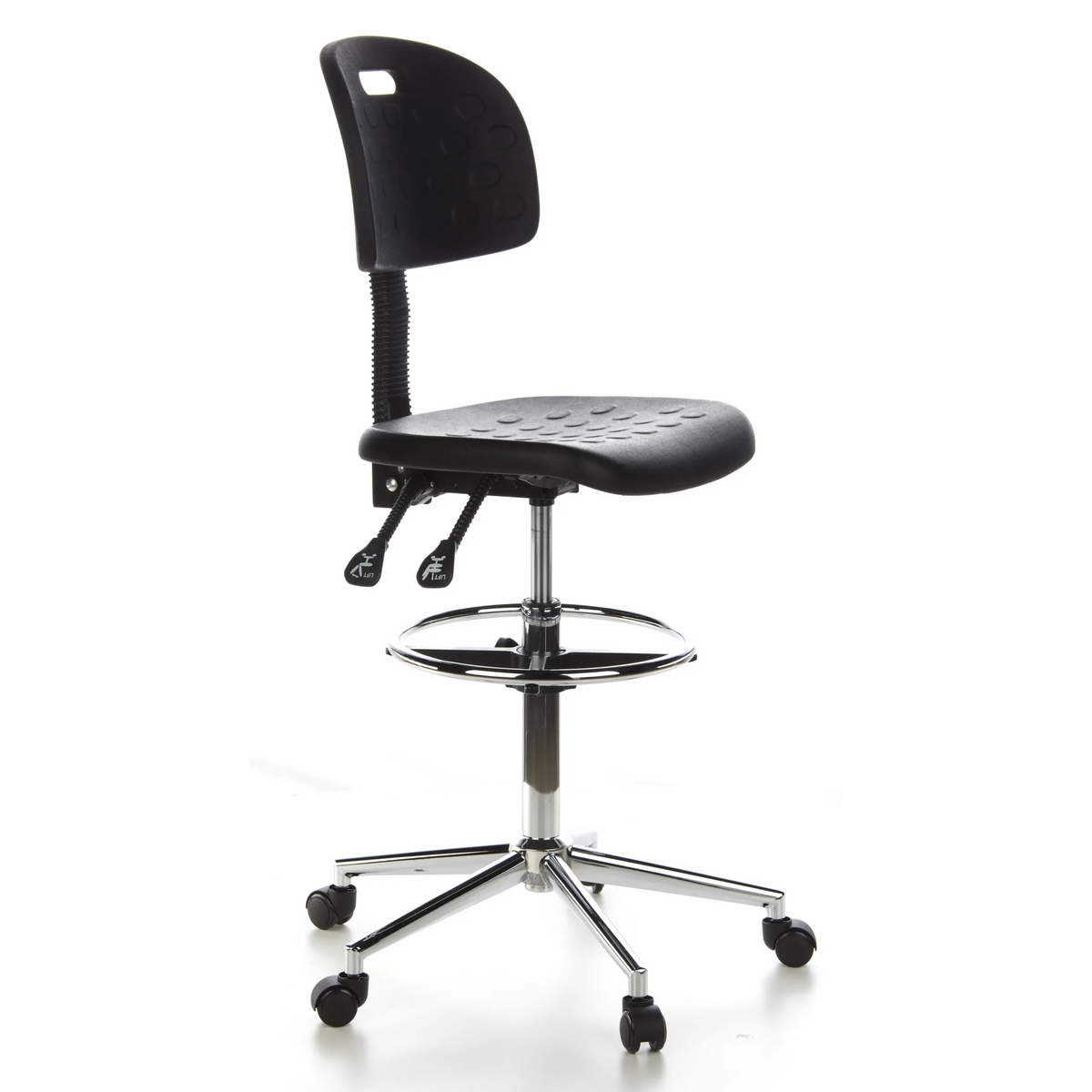 Svart Bardiskstol TOP WORK 23 med fotring och femstjärnigt fotkors med hjul från hjh OFFICE – 360-gradersvy (snett framifrån 60°)