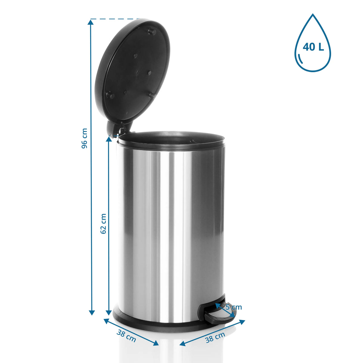 Måttritning av papperskorg CLEAN X med en volym på 40 l och en höjd på 96 cm från hjh OFFICE
