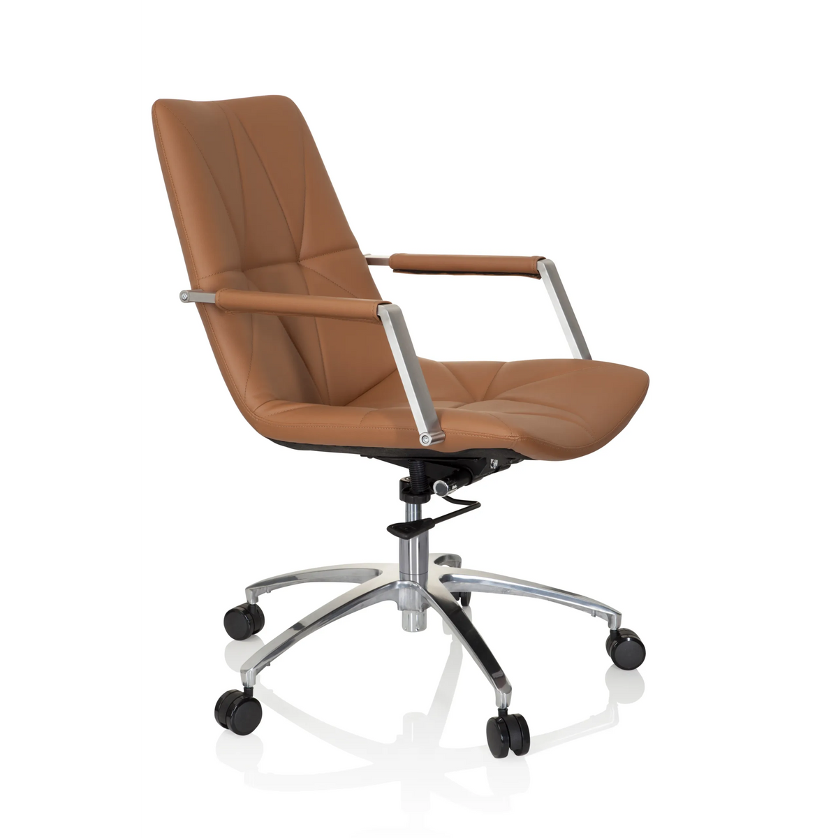 Kamelbrun Home Office kontorsstol SARANTO II med quiltning och femhjulig stjärnfot från hjh OFFICE – 360-gradersvy (snett framifrån 60°)