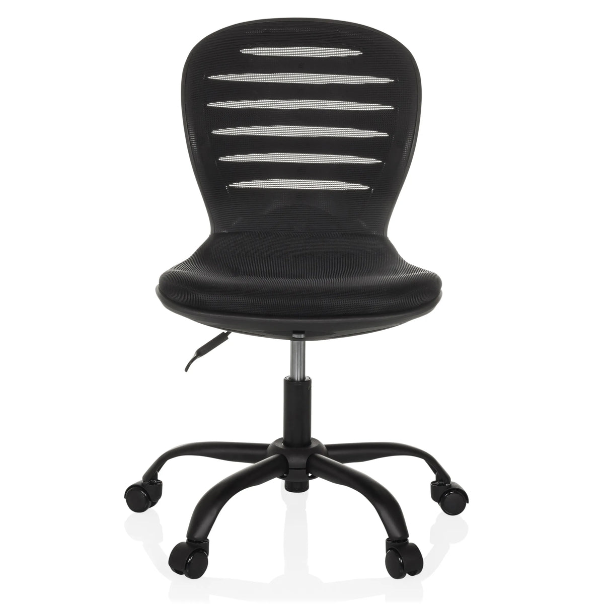 Svart Home Office kontorsstol CASLA med nätrygg och femstjärnig fotkorsbas med hjul från hjh OFFICE – 360-gradersvy (framifrån 0°)