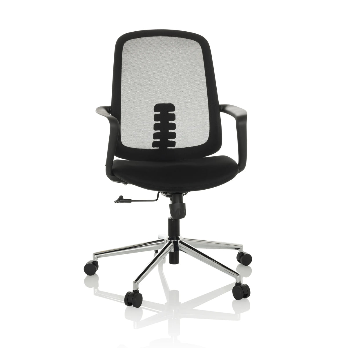 Svart Home Office kontorsstol SEDIOLO B med nätrygg och femhjulig fotkorsbas från hjh OFFICE – 360-gradersvy (framifrån 15°)