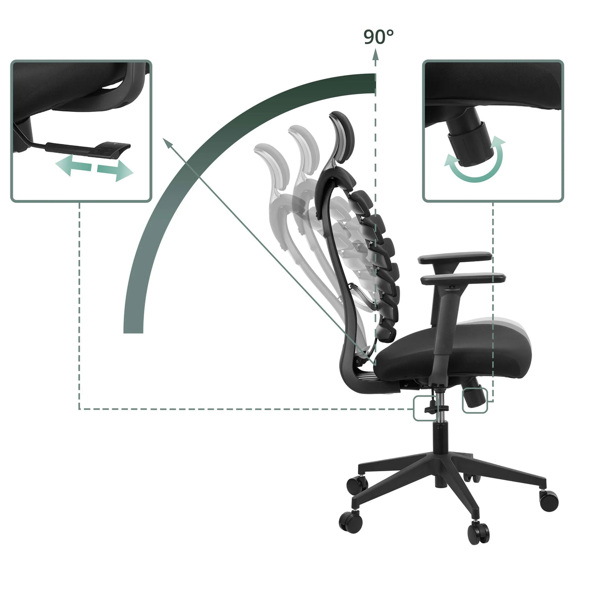 Justerbart ryggstöd och armstöd på den professionella kontorsstolen ERGO LINE ECO med en lutningsvinkel på 90° från hjh OFFICE