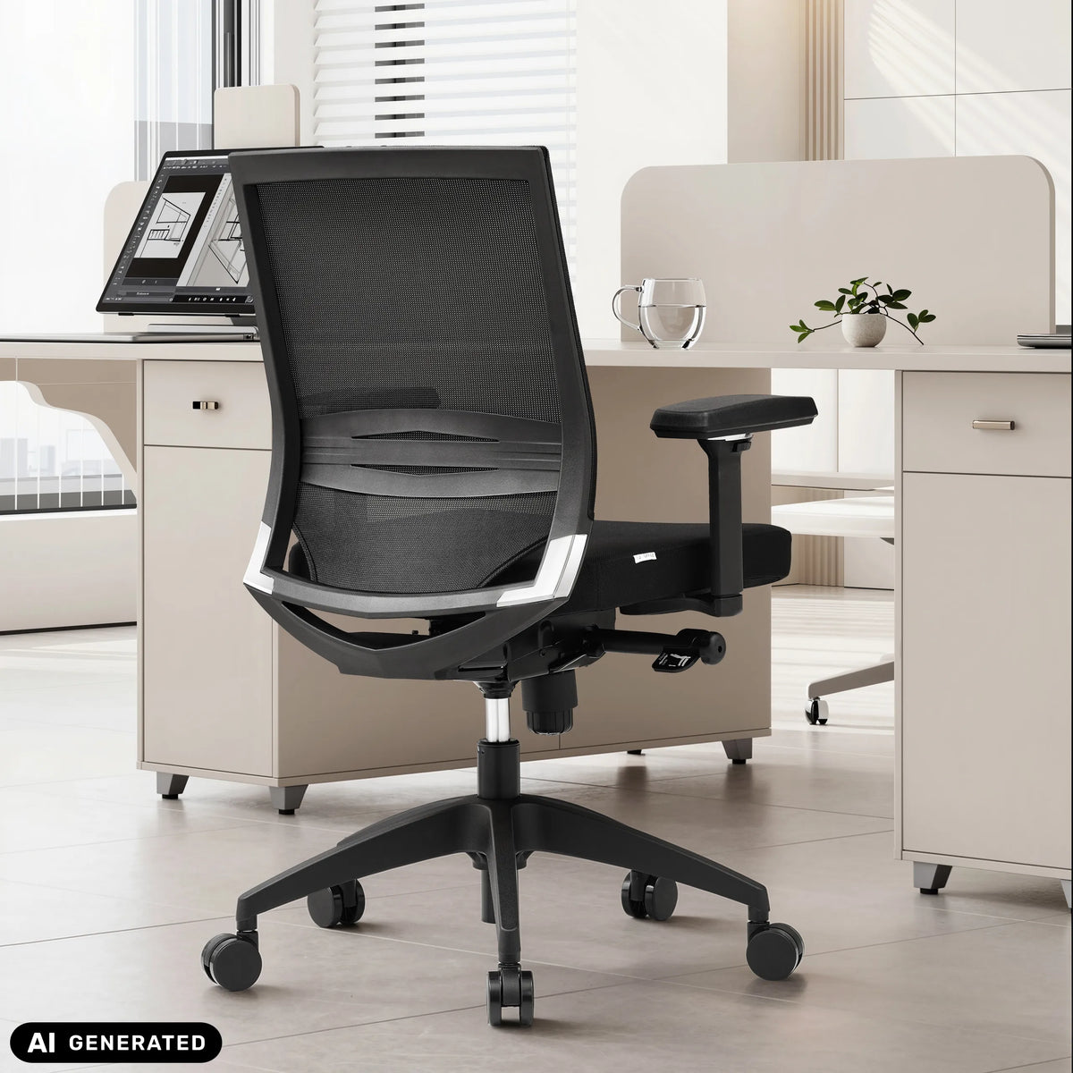 Professionell svart kontorsstol PORTO BASE med nätryggstöd och armstöd från hjh OFFICE (AI-genererad bild)