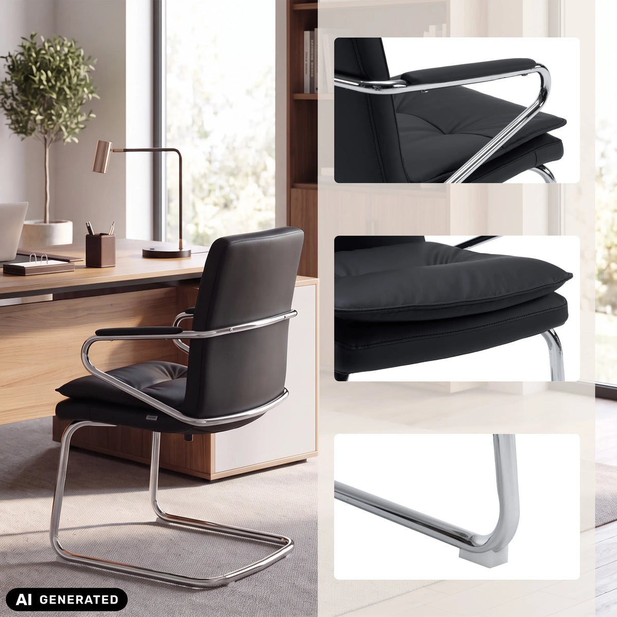 Svart Rovento V fjädrande stol med kromad ram och detaljbilder från hjh OFFICE (AI-genererad bild)