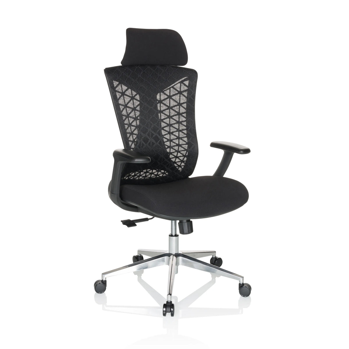 Svart Professionell kontorsstol FALEO B med nätrygg och femstjärnig fotkorsbas med hjul från hjh OFFICE – 360-gradersvy (snett framifrån 30°)