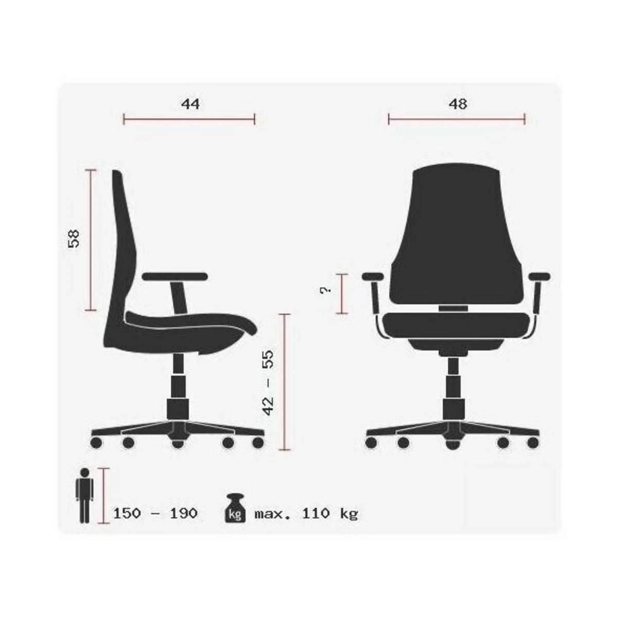 Teknisk ritning av Professionell kontorsstol SITNESS 10 med en maximal belastning på 110 kg från Topstar