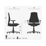 Teknisk ritning av Professionell kontorsstol SITNESS 10 med en maximal belastning på 110 kg från Topstar