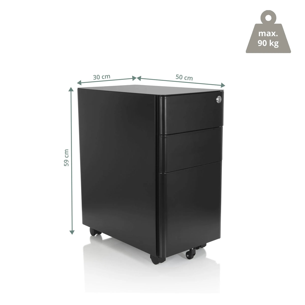 Måttskiss av rullcontainer COLOR I med 50 × 30 cm och en bärkapacitet på 90 kg från hjh OFFICE