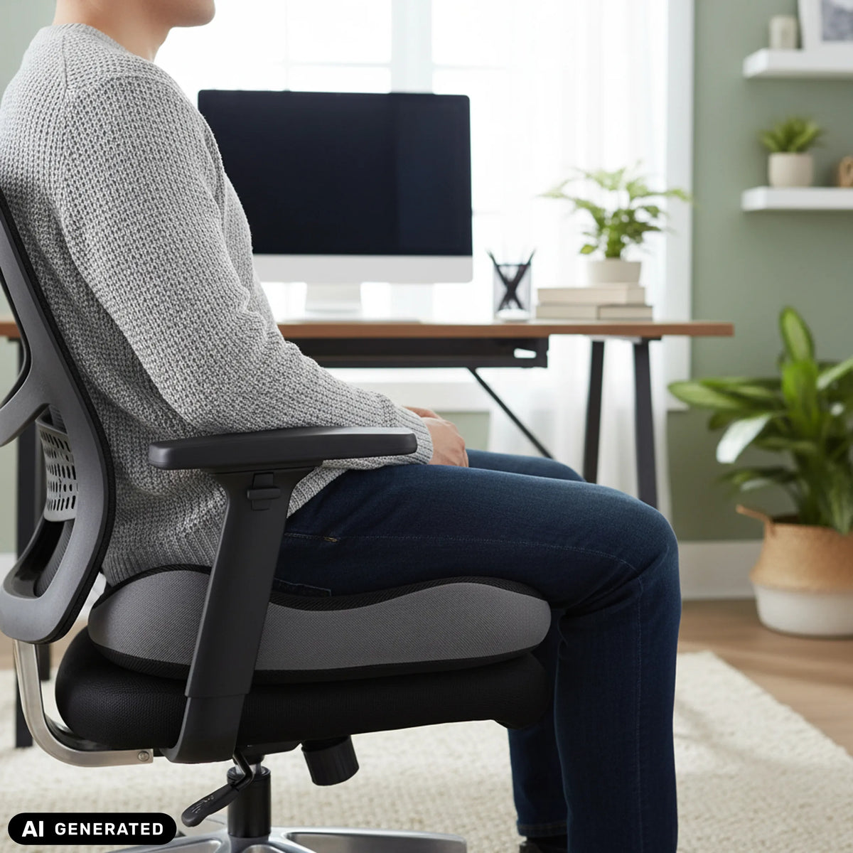 Svart MEDISIT VI sittdyna på en kontorsstol från hjh OFFICE (AI-genererad bild)