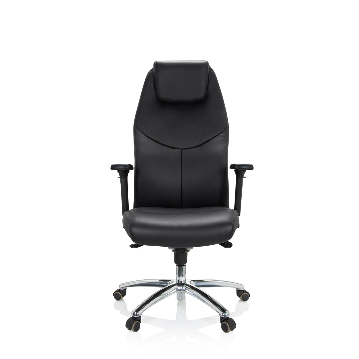 Svart Professionell chefsfåtölj FERRARA med integrerat nackstöd och femstjärnig fotkorsbas med hjul från hjh OFFICE – 360-gradersvy (framifrån 0°)