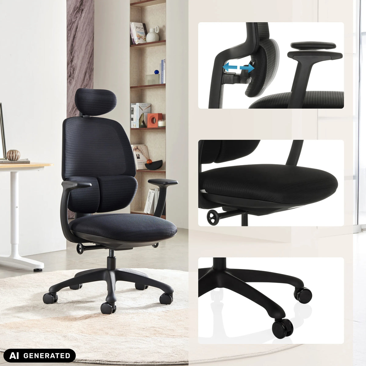 Professionell kontorsstol RI-COVER i svart med justerbara armstöd och stjärnfot med hjul från hjh OFFICE (AI-genererad bild)