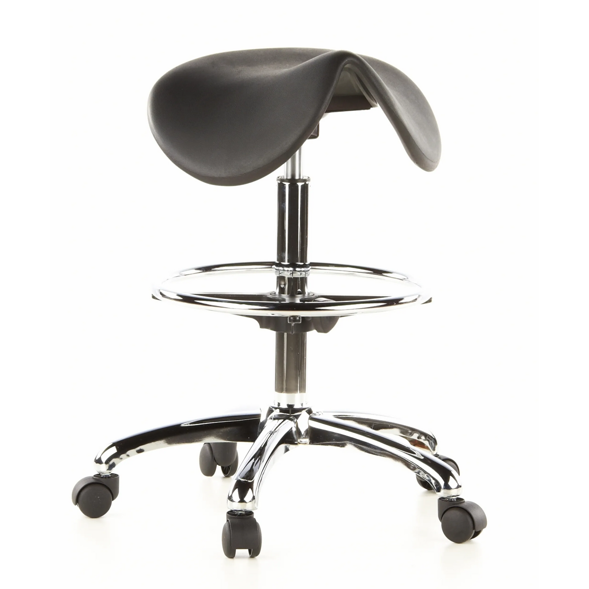 Svart sadelpall TOP WORK 13 med fotring och femstjärnig fotkorsbas med hjul från hjh OFFICE – 360-gradersvy (framifrån 20°)
