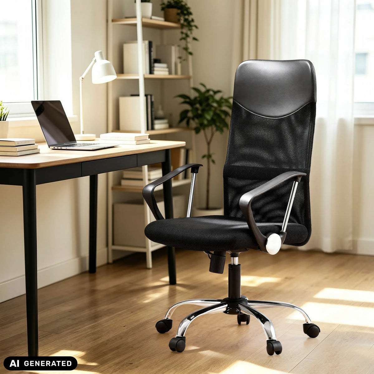 Svart Home Office chefsfåtölj PURE NET med nätryggstöd och armstöd från hjh OFFICE