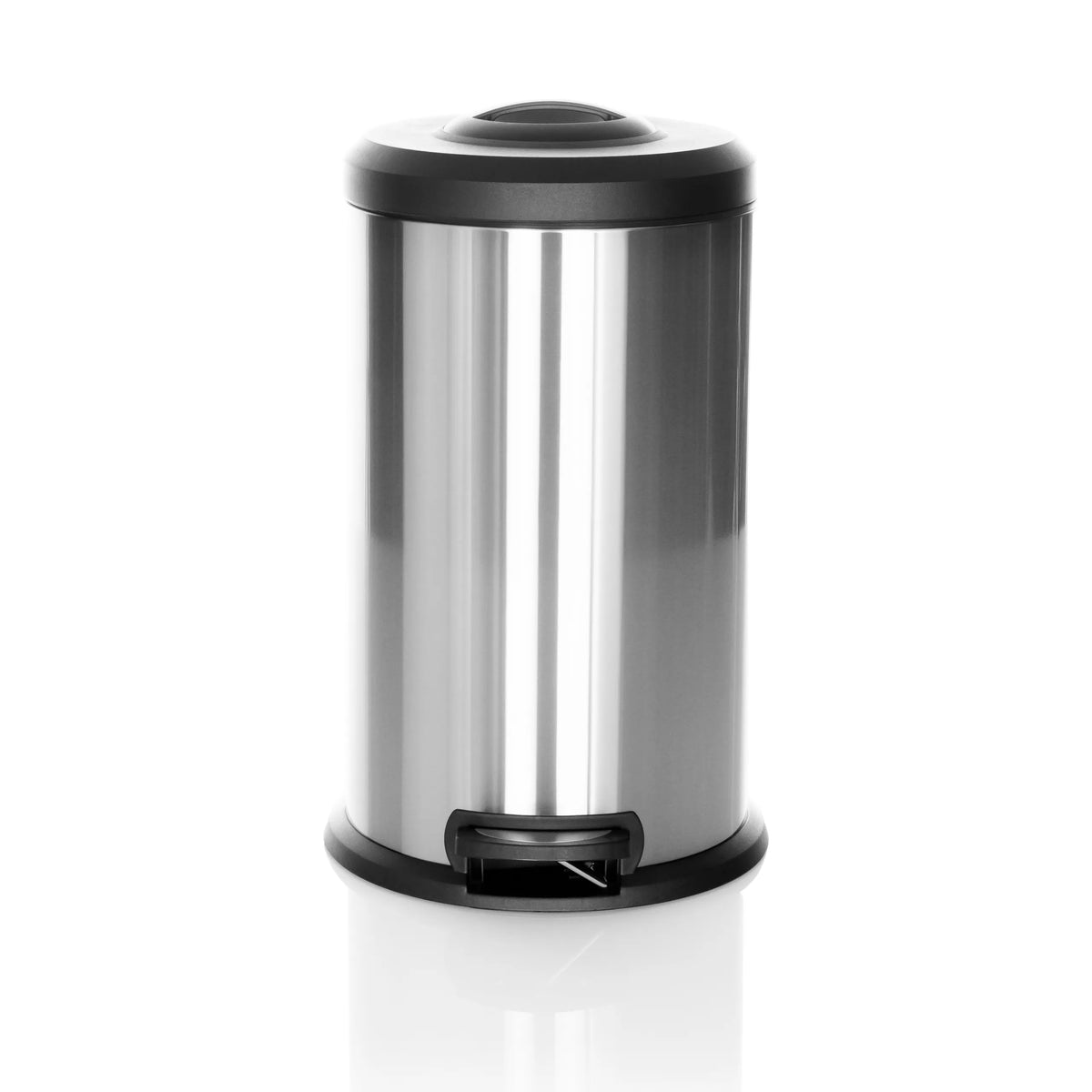 Silverfärgad Papperskorg CLEAN X med svart lock och fotpedal från hjh OFFICE – 360-gradersvy (framifrån 0°)