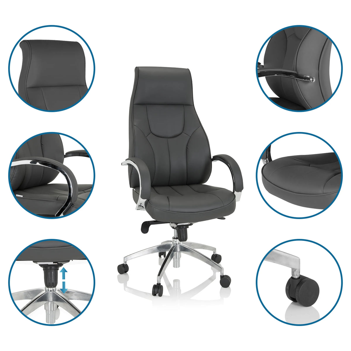 Grå Professionell chefsfåtölj ELEGANCE I med detaljvyer av stoppningen, armstöden och gasfjädern från hjh OFFICE