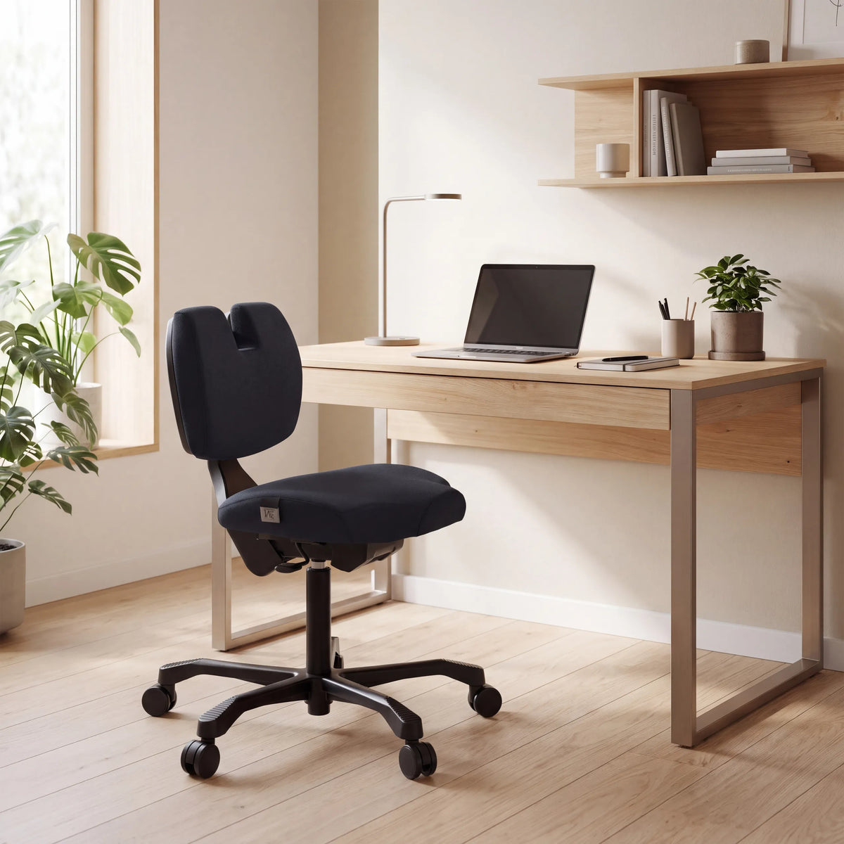 EvoShift knästol i svart vid ett ljust träskrivbord från hjh OFFICE