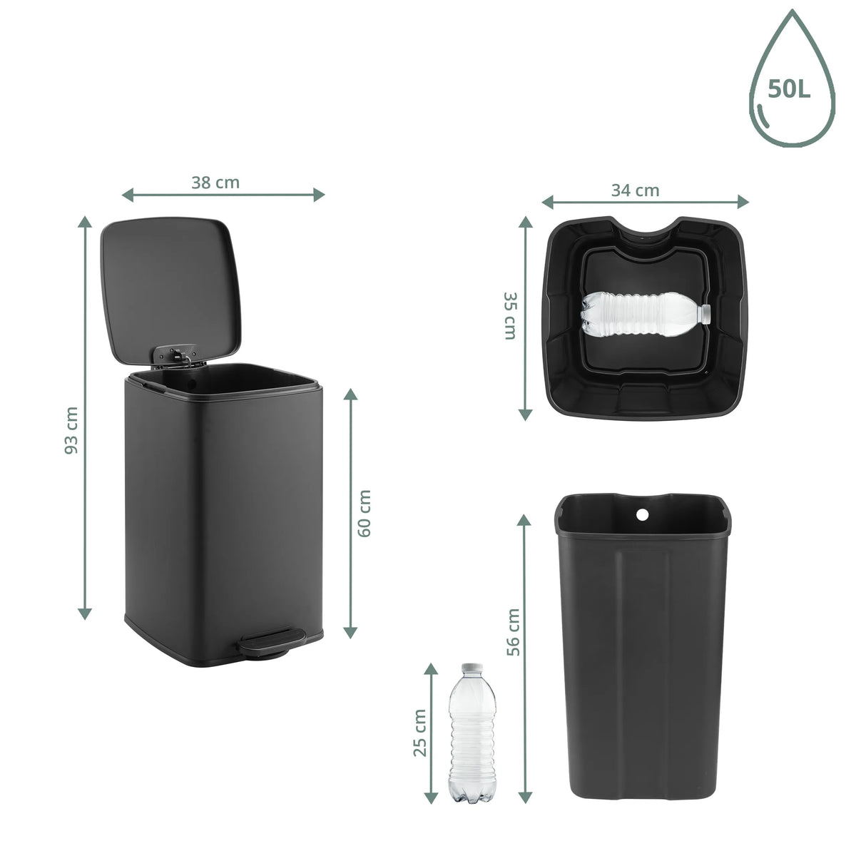 Måttritning av Papperskorg Clean Step 3 med 50 l kapacitet och en höjd på 93 cm från hjh OFFICE