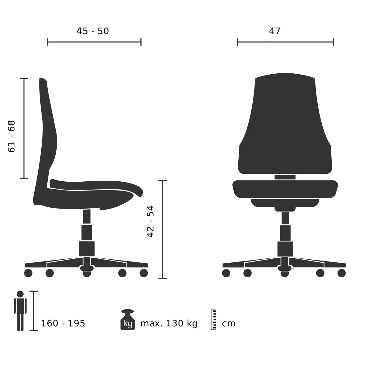 Teknisk ritning av den lyxiga chefsfåtöljen ROVO XP med en maximal belastningsförmåga på 130 kg från Rovo Chair