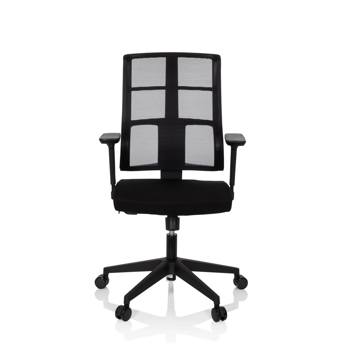 Svart Professionell kontorsstol SPINIO med nätrygg och femstjärnig fotkorsbas med hjul från hjh OFFICE – 360-gradersvy (framifrån 0°)