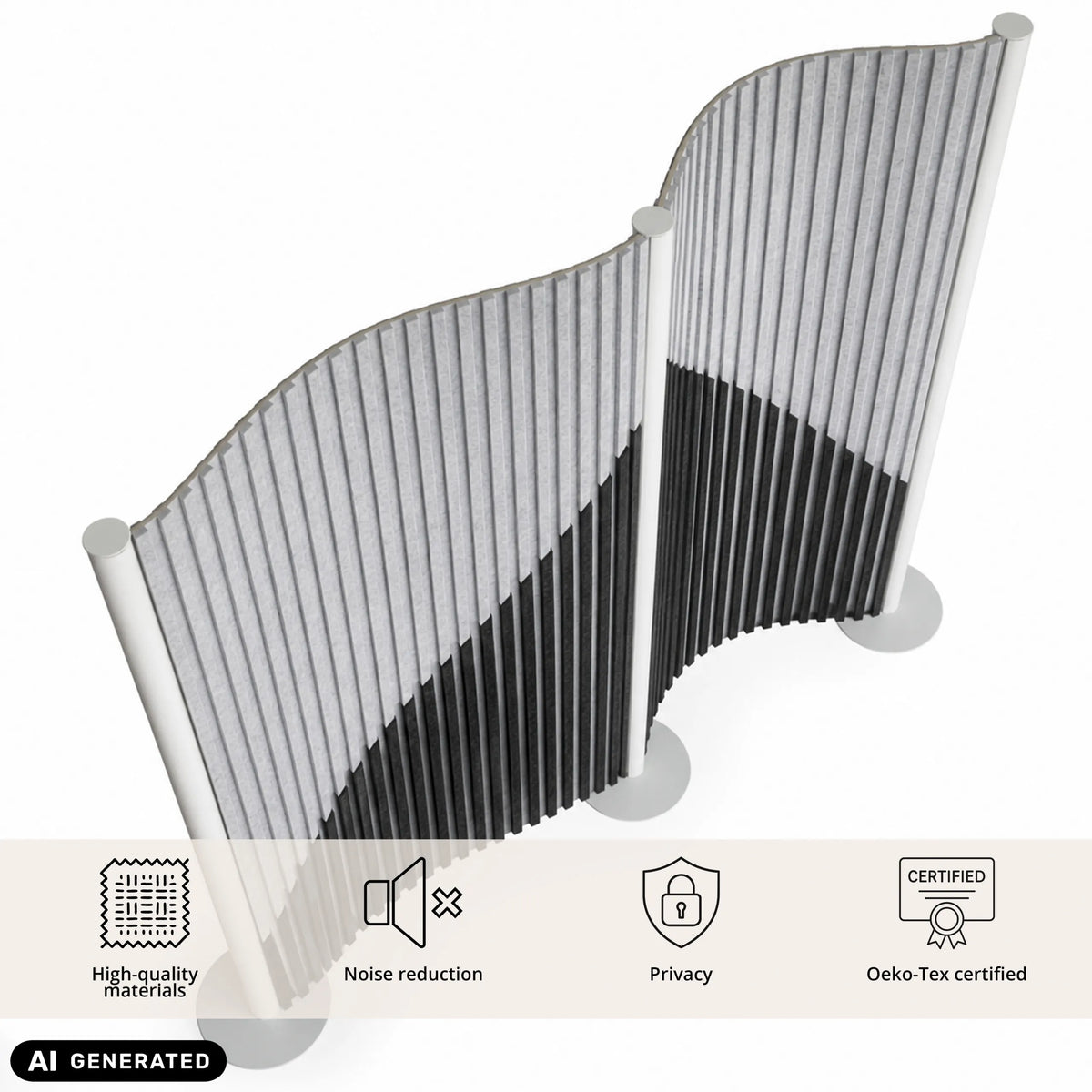 Grå visuell och akustisk skärmvägg Flexmiut Wave med vågformad design från hjh OFFICE (AI-genererad bild)