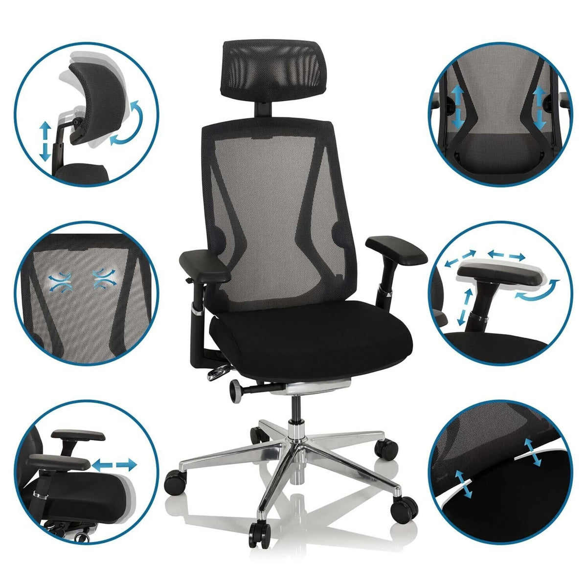 Hög kontorsstol INSPERO i svart med justerbara armstöd och nackstöd från hjh OFFICE