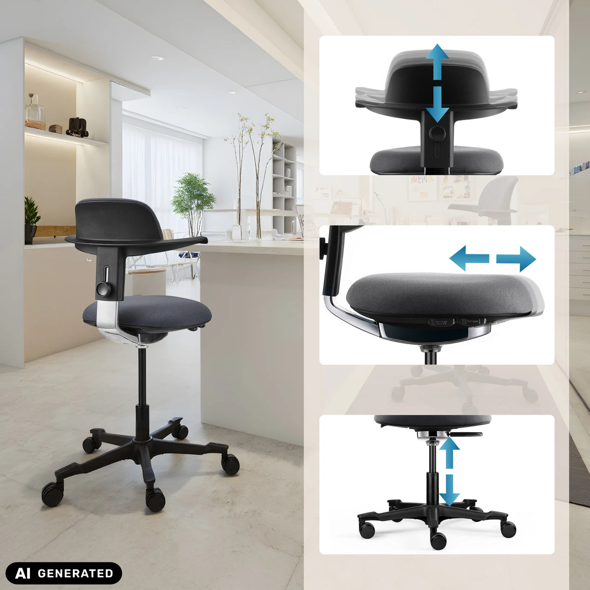 Höjdjusterbart ryggstöd, sits och gasfjäder på arbetsstolen WORK 40 från hjh OFFICE (AI-genererad bild)