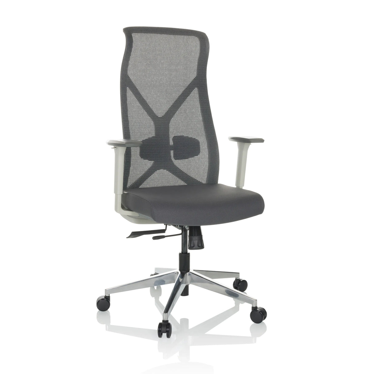 Grå Professionell kontorsstol AZURRO WHITE med nätrygg och femhjulig fotkorsbas från hjh OFFICE – 360-gradersvy (framifrån 15°)