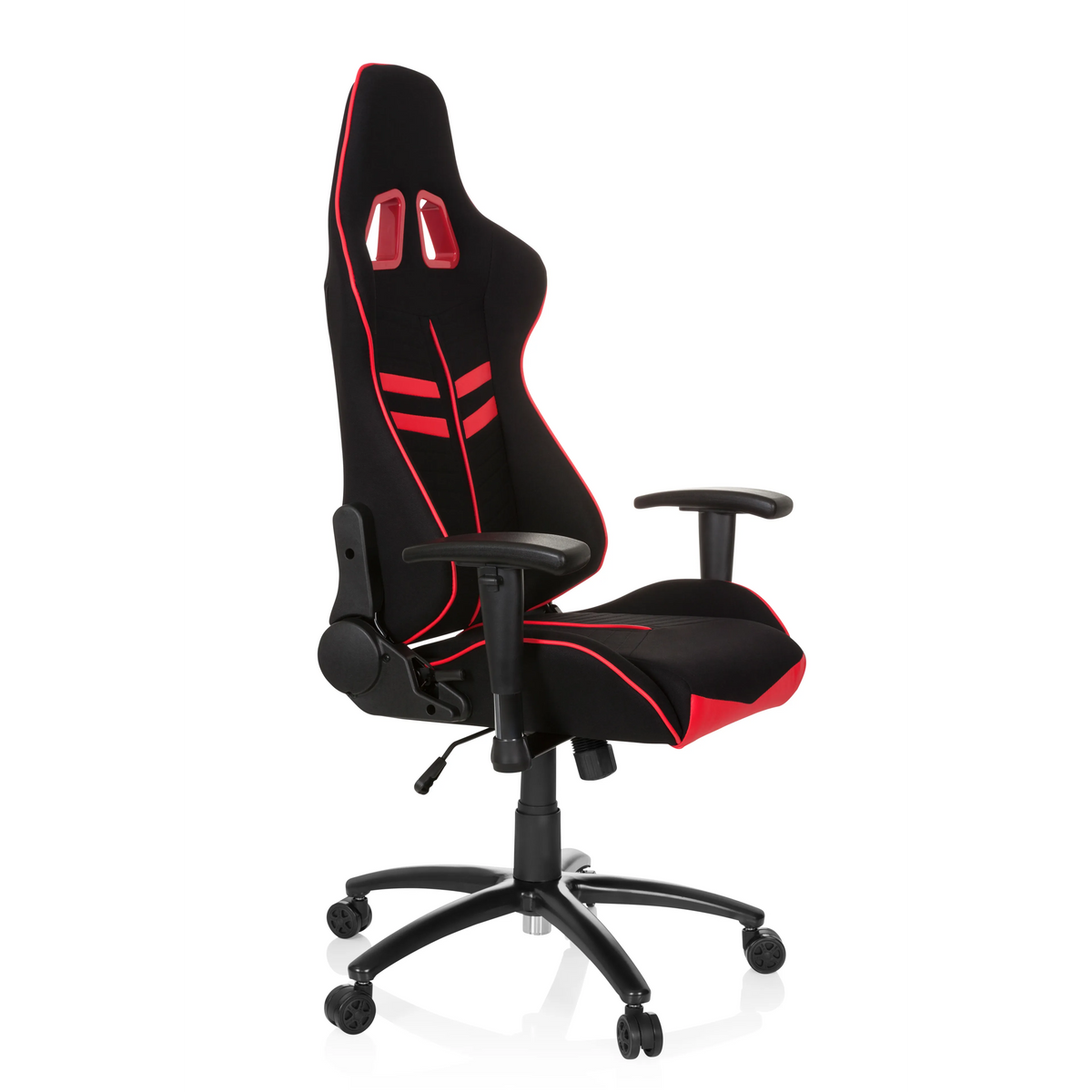 Schwarz-roter Gamingstuhl LEAGUE PRO I mit zwei Kopfstützen-Öffnungen und Fußkreuz mit fünf Rollen von hjh OFFICE – 360-Grad-Ansicht (schräge Frontansicht 60°)