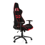 Schwarz-roter Gamingstuhl LEAGUE PRO I mit zwei Kopfstützen-Öffnungen und Fußkreuz mit fünf Rollen von hjh OFFICE – 360-Grad-Ansicht (schräge Frontansicht 60°)