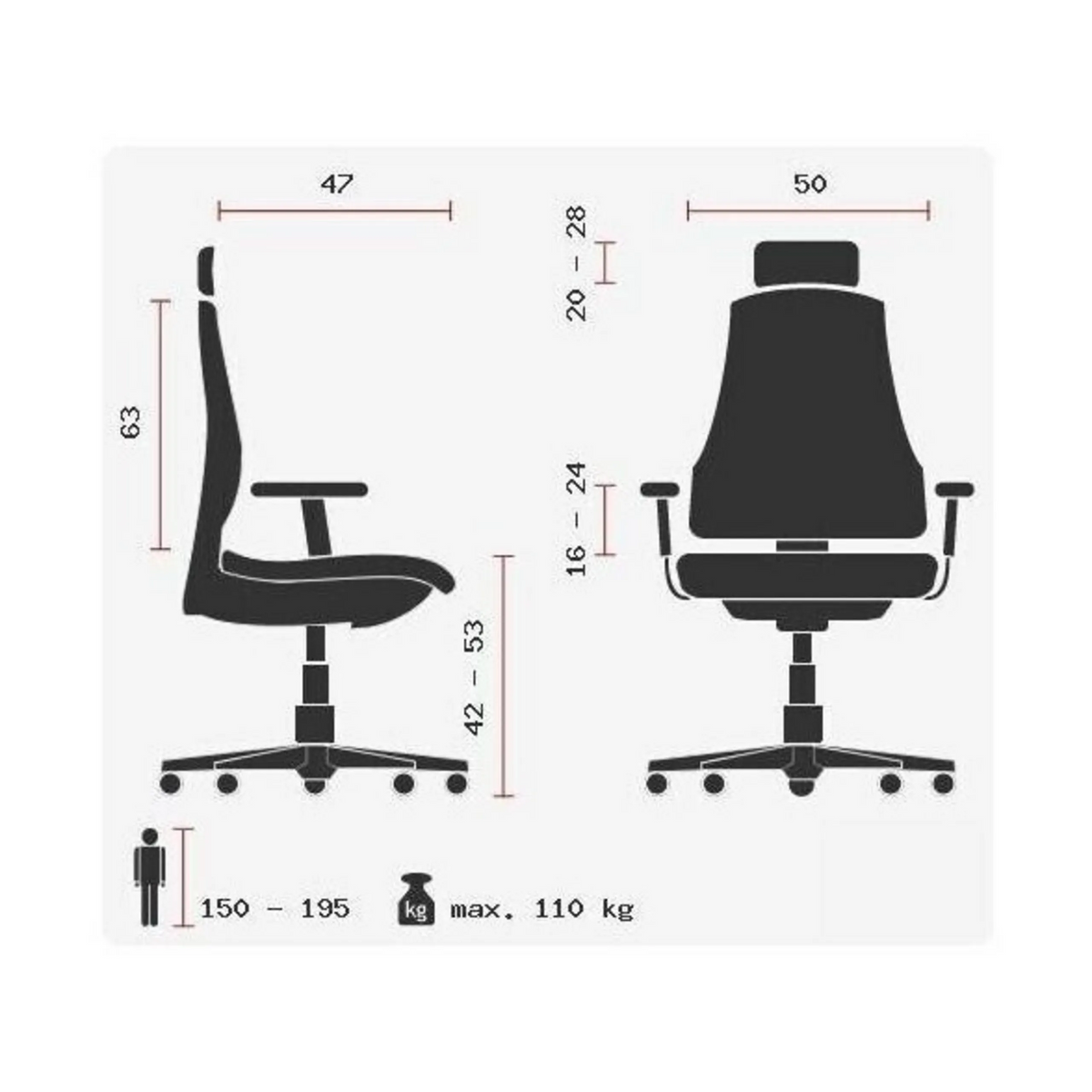 Teknisk ritning av Professionell kontorsstol HEAD POINT RS med en maximal belastning på 110 kg från Topstar