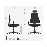 Teknisk ritning av Professionell kontorsstol HEAD POINT RS med en maximal belastning på 110 kg från Topstar