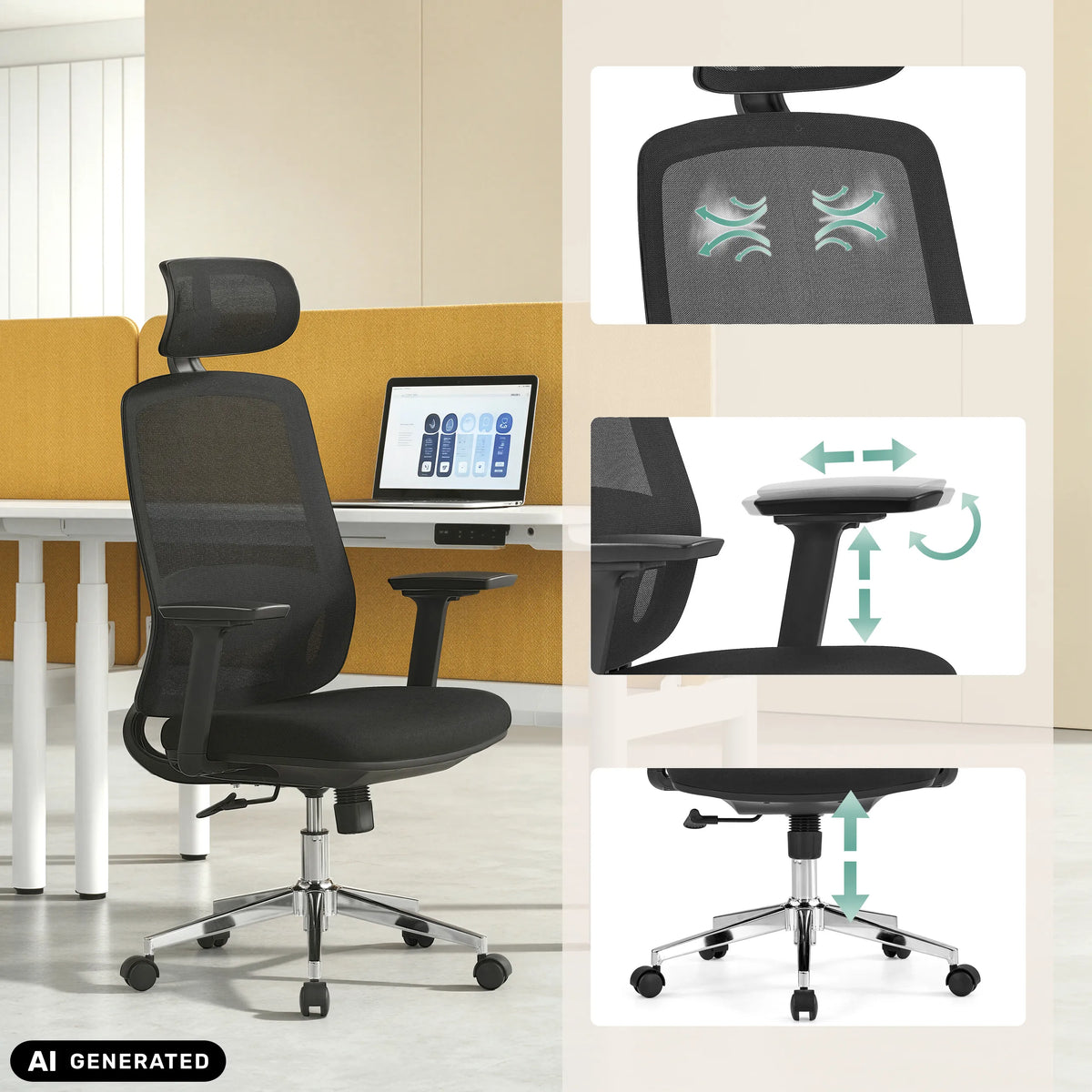Professionell kontorsstol Ergosento i svart med justerbart nackstöd och armstöd från hjh OFFICE (AI-genererad bild)