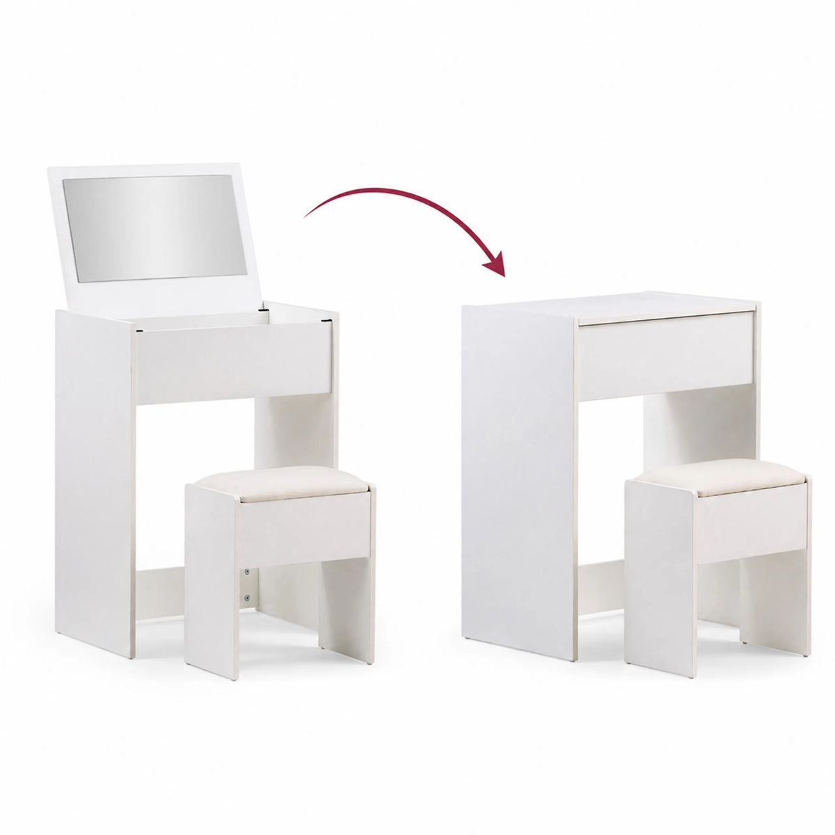 Öppning och stängning av den fällbara Glamdesk sminkspegeln i vitt med matchande pall från hjh LIVING