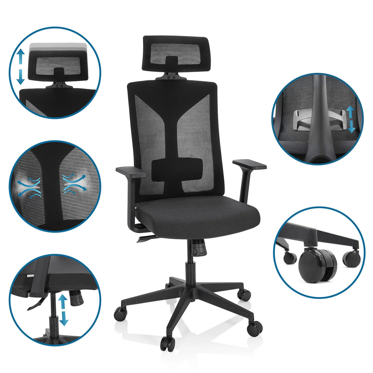 Svart Professionell kontorsstol KODIAK med justerbart nackstöd, svankstöd och hjul från hjh OFFICE