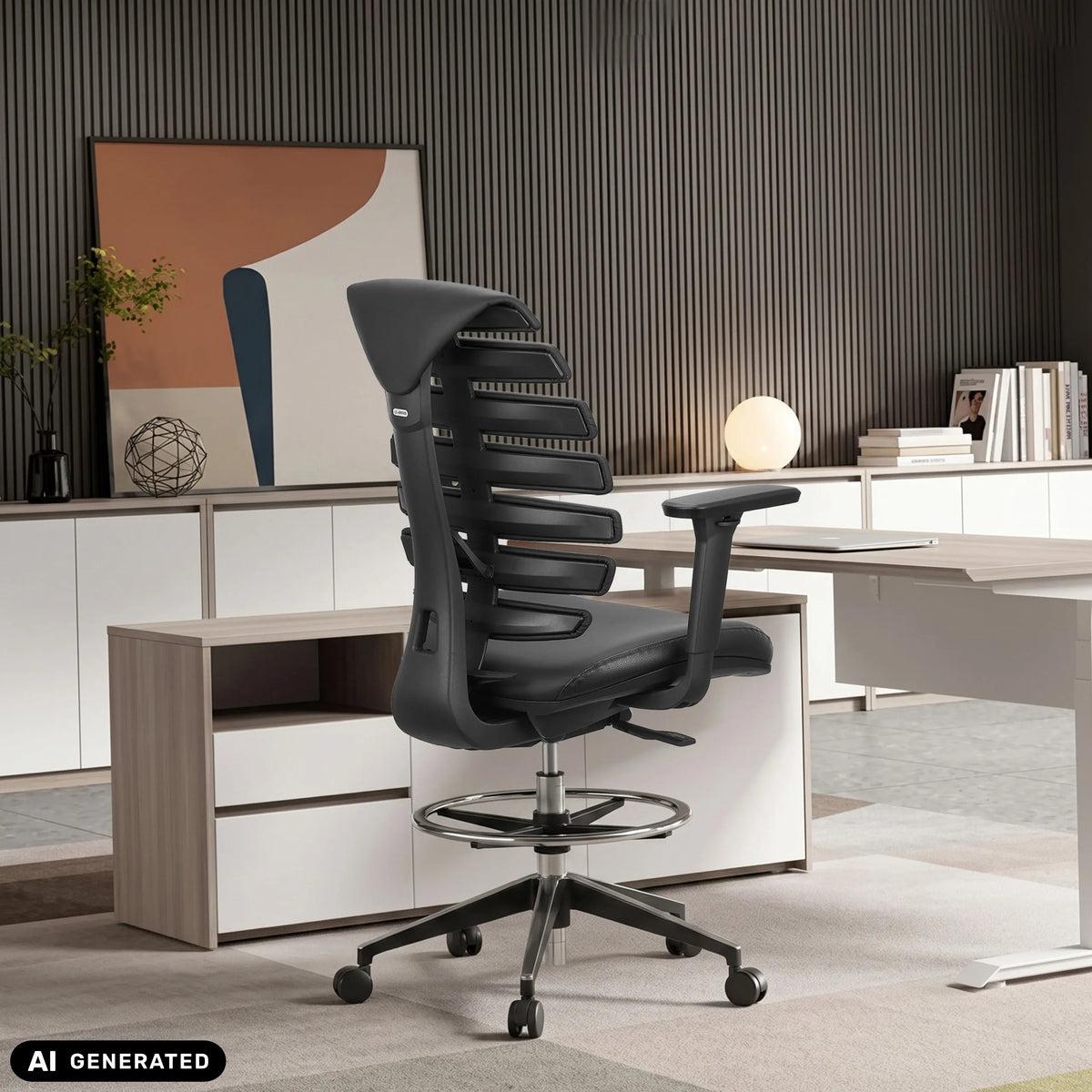 Svart läder bardiskstol ERGO LINE II WORK med ryggstöd och fotring från hjh OFFICE (AI-genererad bild)