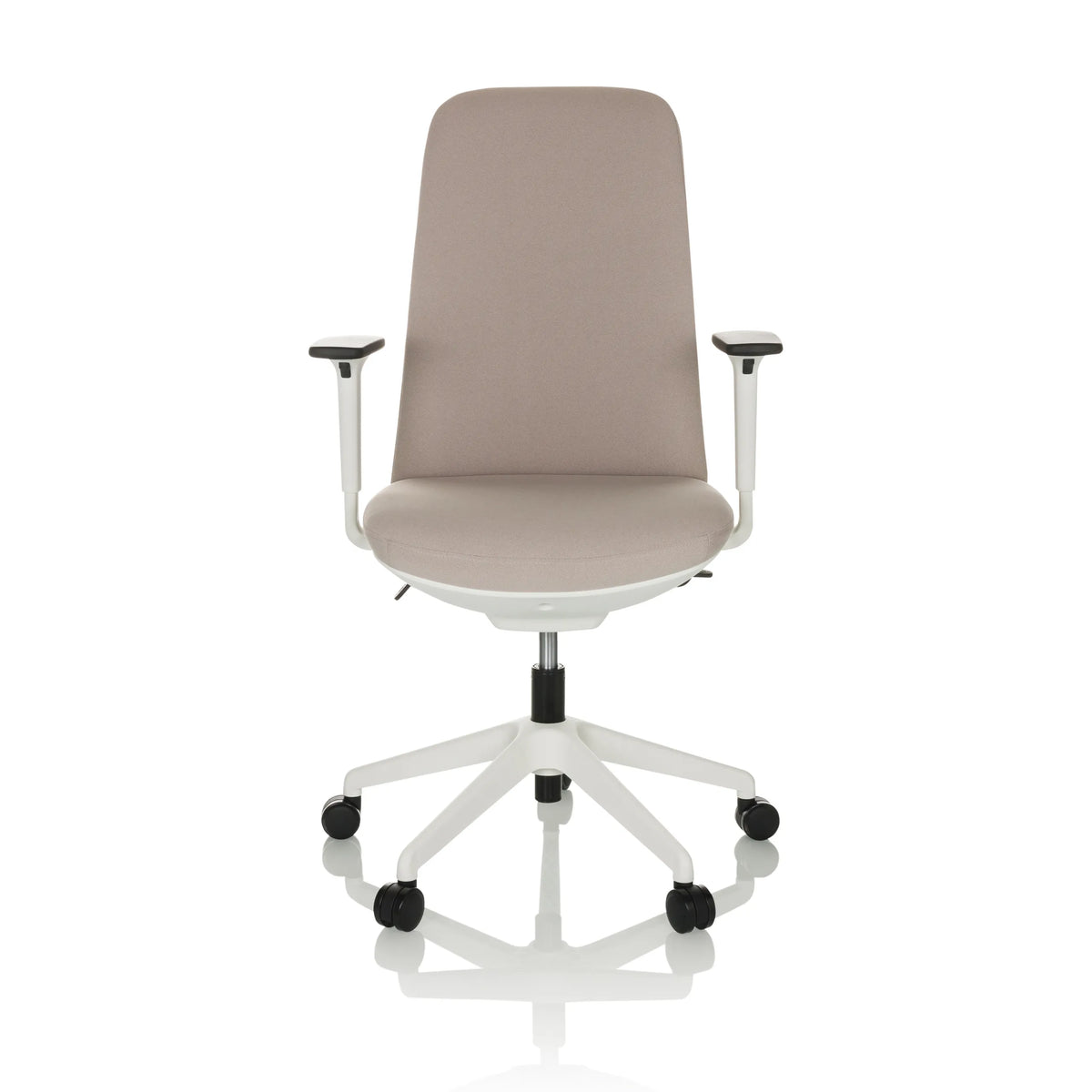 Beige Professionell kontorsstol NESTORA med armstöd och vitt femekrat underrede med hjul från hjh OFFICE – 360-gradersvy (framifrån 0°)