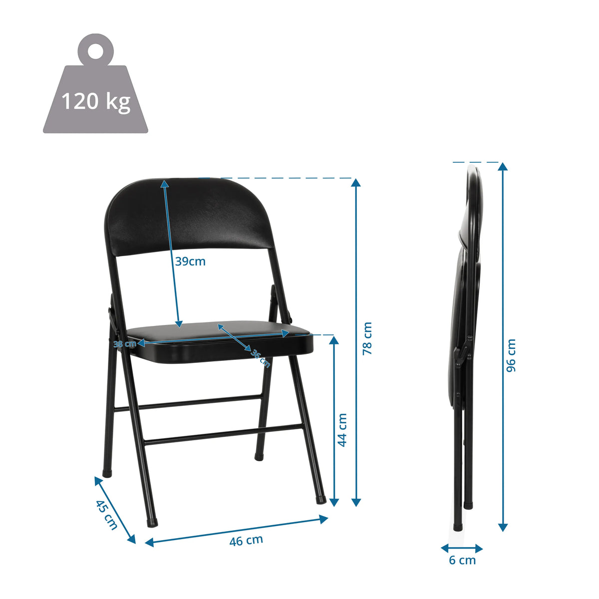 Maßzeichnung des Klappstuhls TUDELA H mit einer Gesamthöhe von 96 cm und 120 kg Traglast von hjh OFFICE