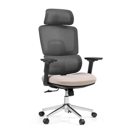 Professionell kontorsstol Ergomy Pro med mörkgrått nätryggstöd, beige tygsits och nackstöd från hjh OFFICE