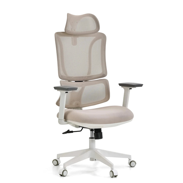 Professionell kontorsstol ERGOMY W i beige med beige nättyg och vit ram från MyBuero