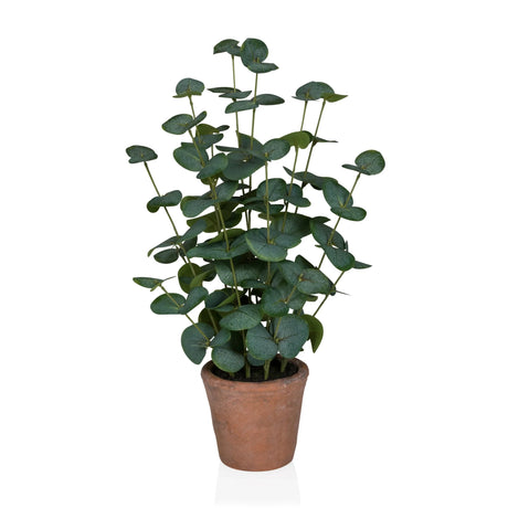 Konstgjorda växter Eucalyptus i grön färg med runda blad i en brun lerkruka från hjh OFFICE