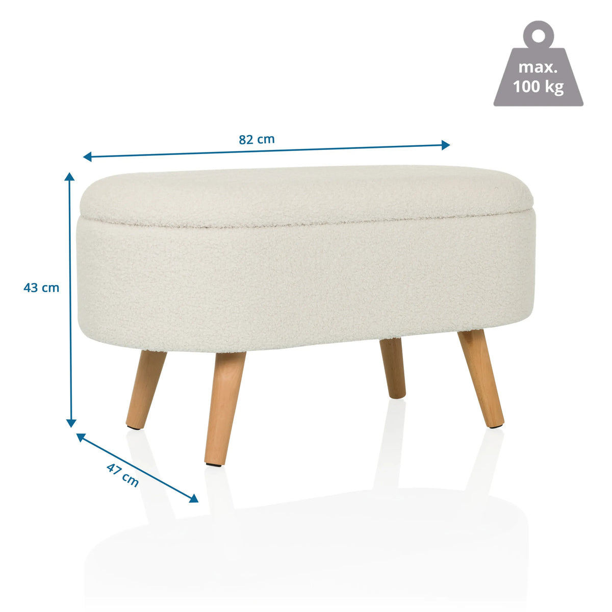 Måttskiss av sittbänken STORIANO, 82 × 43 cm, max belastning 100 kg, från hjh LIVING
