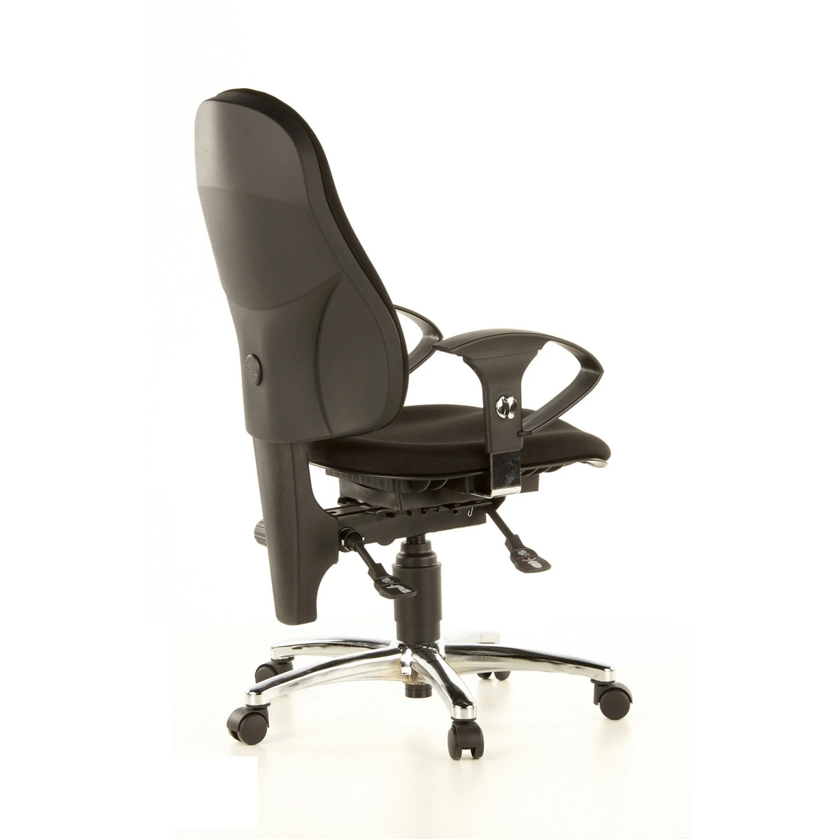 Svart Professionell kontorsstol SITNESS 10 med armstöd och femhjulig fotkorsbas från Topstar – 360-gradersvy (snett bakifrån 120°)
