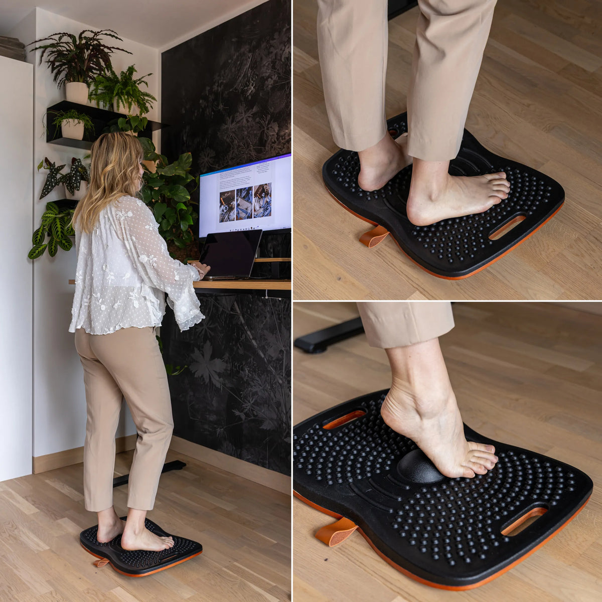 Svart ACTIV balansbräda med noppstruktur och orange kant i användning vid ett höj- och sänkbart skrivbord från hjh OFFICE