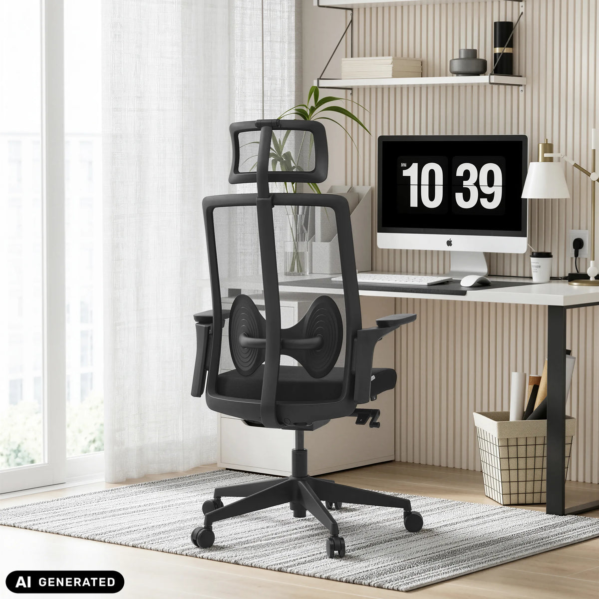 Svart professionell kontorsstol ARCEO B med nätrygg och nackstöd vid ett skrivbord på ett hemmakontor från hjh OFFICE