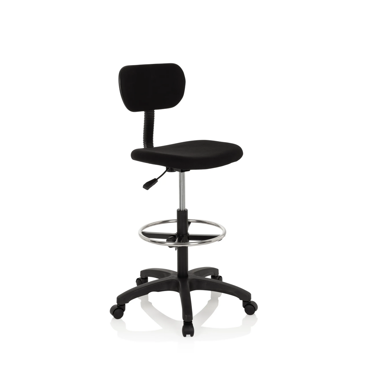 Svart Bardiskstol TOP WORK 05 med fotring och femstjärnig fotkorsbas med hjul från hjh OFFICE – 360-gradersvy (snett framifrån 40°)