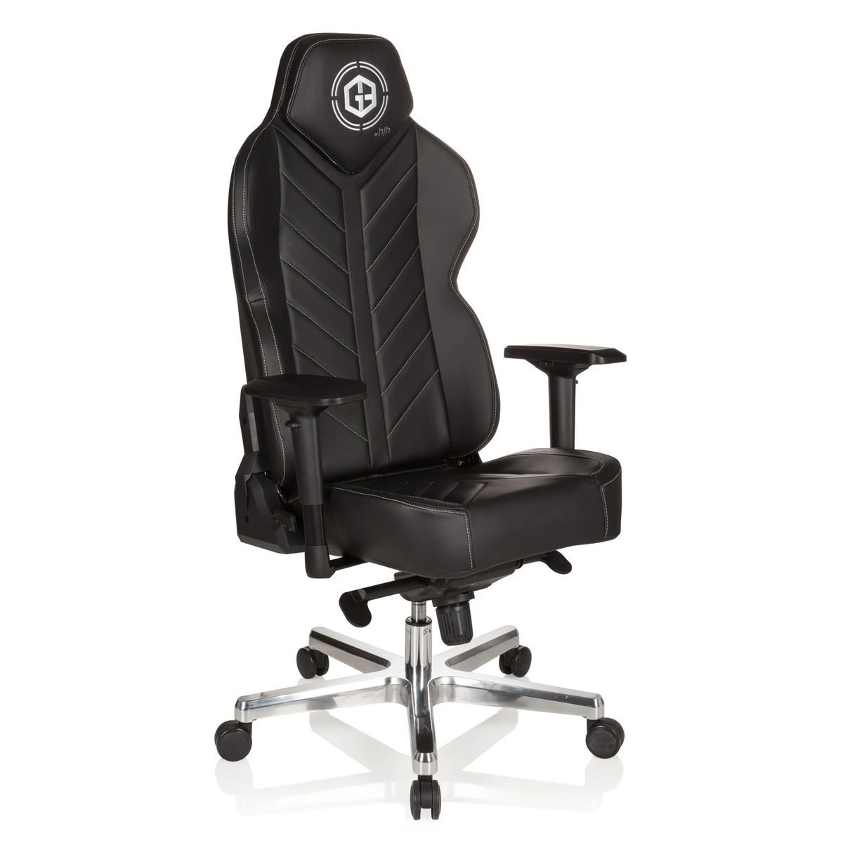 Svart Spelstol GAMEBREAKER COLOSSUS med armstöd och blankt femekrat underrede med hjul från hjh OFFICE – 360-gradersvy (snett framifrån 40°)