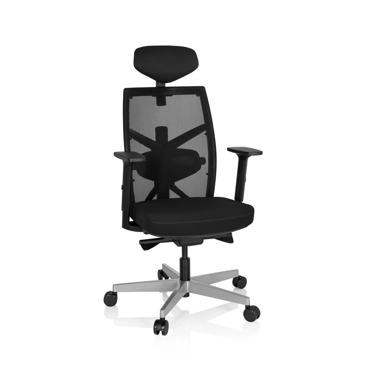 Svart Professionell kontorsstol BELLAC med nätrygg, nackstöd och femhjulig fotkorsbas från hjh OFFICE – 360-gradersvy (framifrån 20°)