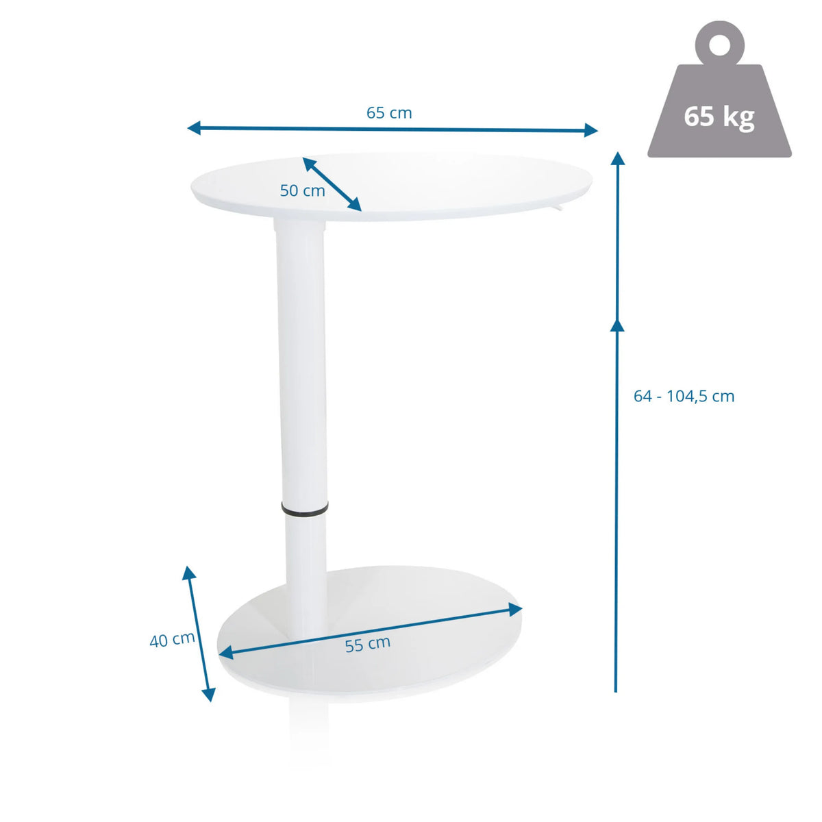 Måttritning av Ståskrivbord STAND III med en höjd på 64 till 104,5 cm från hjh OFFICE