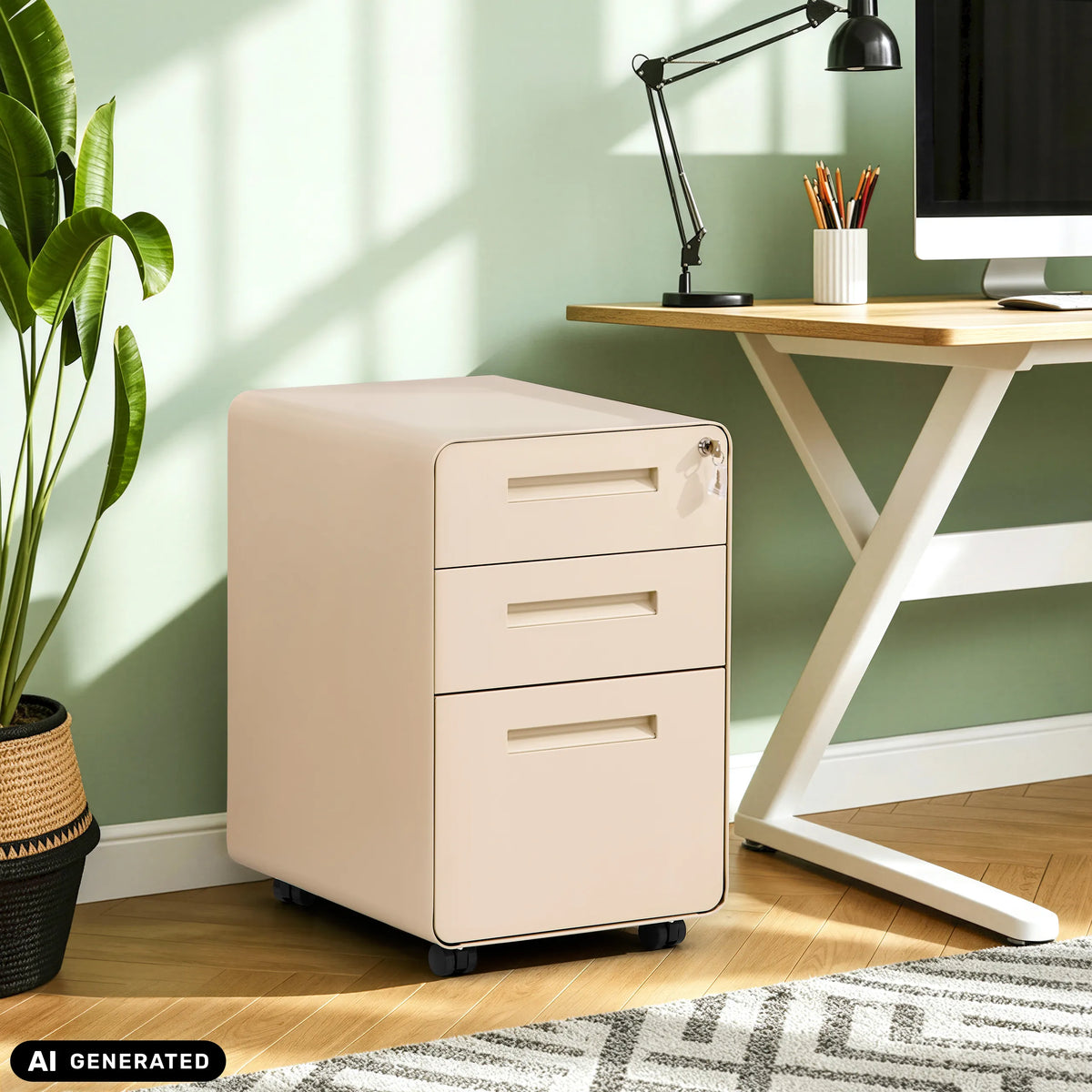 Beige COLOR PLUS I rullcontainer i metall med tre lådor och hjul från hjh OFFICE (AI-genererad bild)